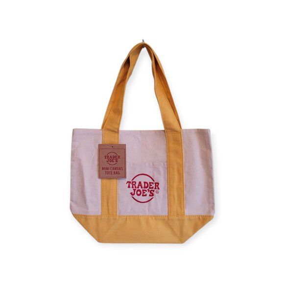 Trader Joe's Mini Canvas Tote Yellow White NWT Viral Hard To Find - Picture 2 of 5